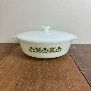 Fire King GREEN‎ MEADOW FLOWERS Casserole Dish w Lid 437 Anchor Hocking